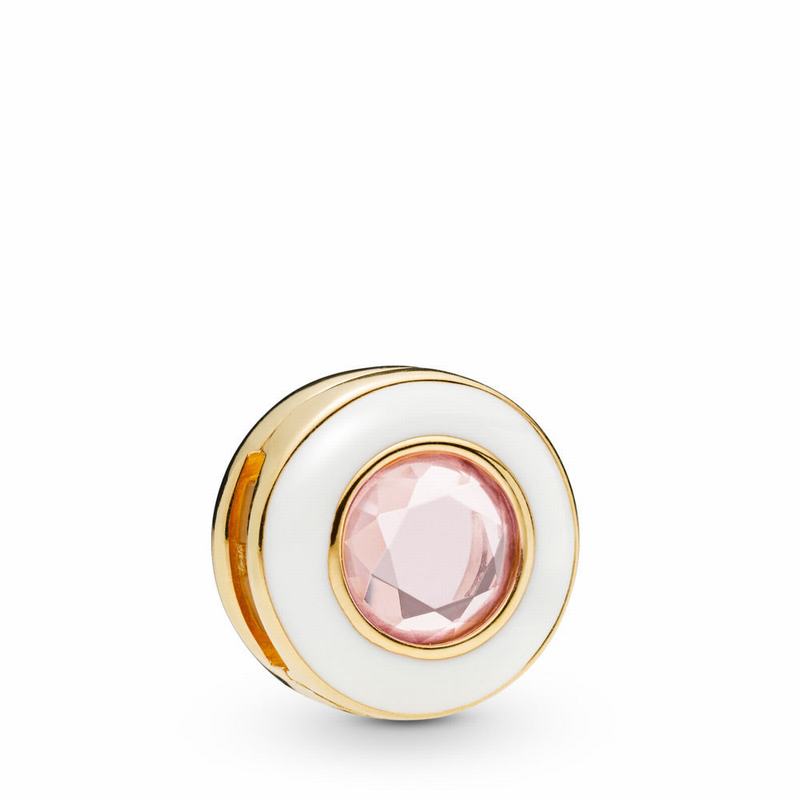 Pandora Reflexions™ Gleaming Circle Clip Charm Ireland - 18ct Gold Plated/Enamel/Pink/Crystal - 5917